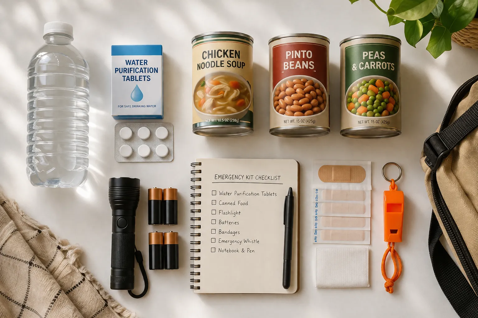 Bright editorial overhead flat-lay photograph () of a $50 budget emergency kit checklist laid out on a clean white surface —