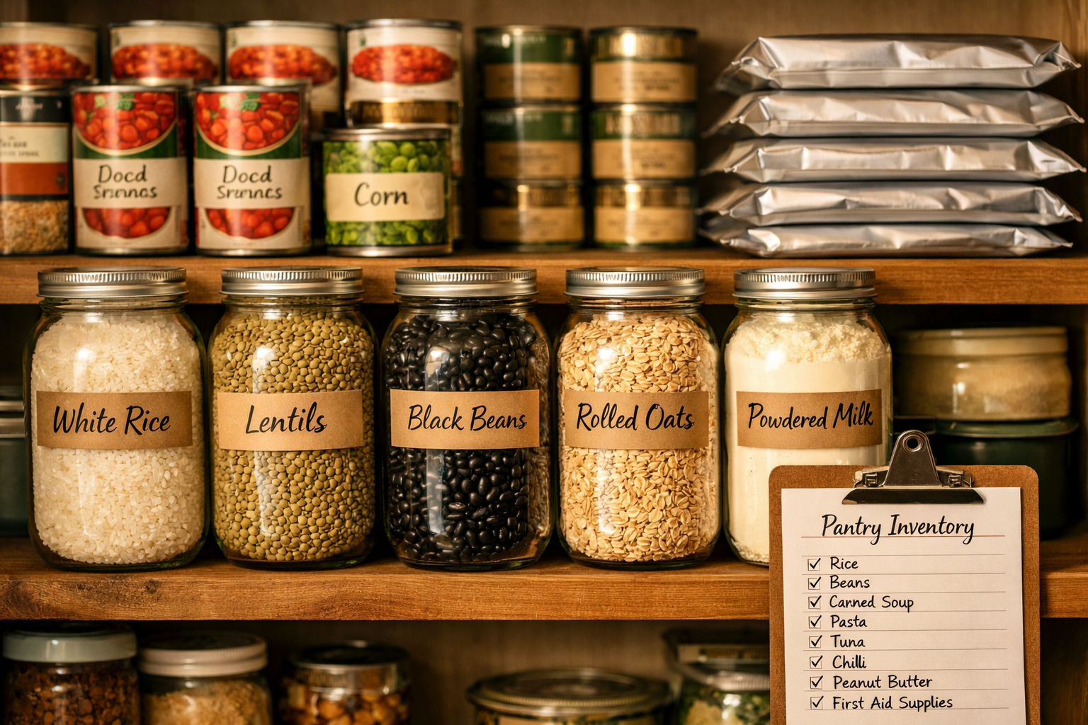 Bright editorial photography (): A well-organized prepper pantry shelf system photographed straight-on in warm natural light