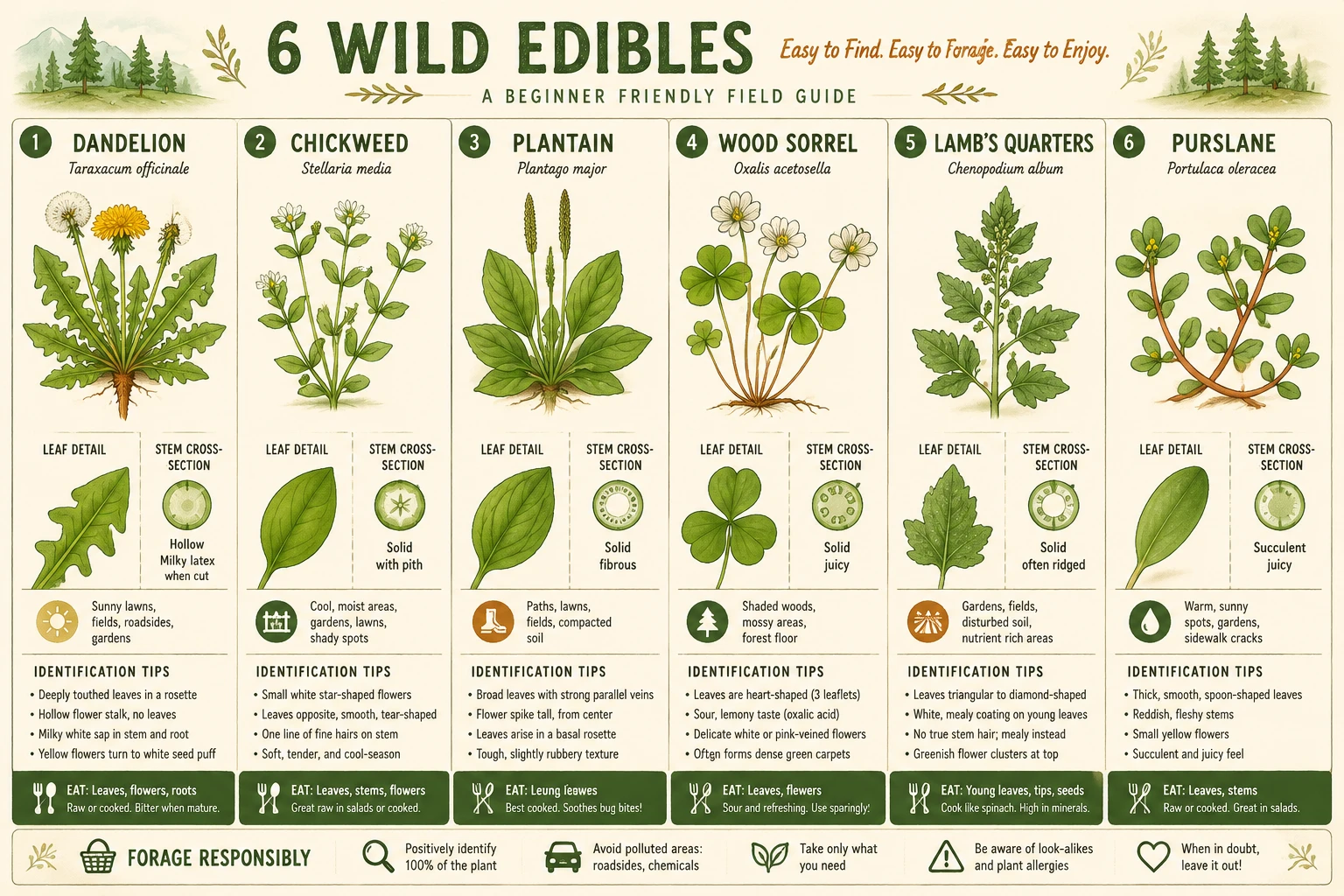 Detailed () educational infographic-style illustration showing a side-by-side field identification guide for 6 common