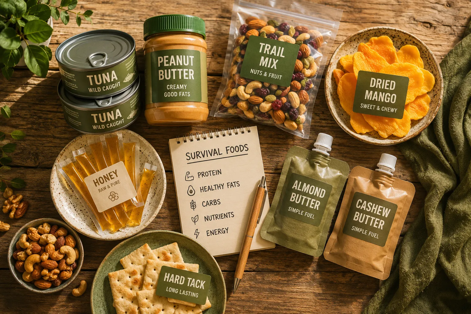 Editorial (): Bright natural-light overhead flat-lay of a diverse array of shelf-stable no-cook survival foods — canned