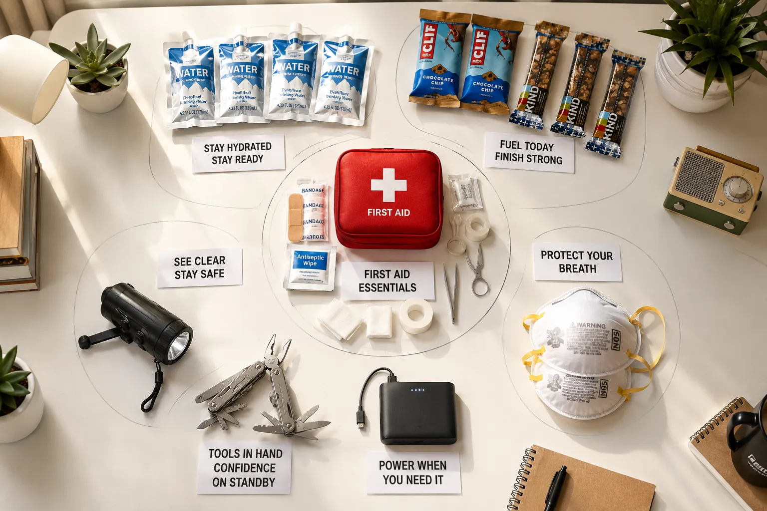 Editorial flat-lay photography in bright natural daylight on a clean white dorm desk surface: organized grouping of