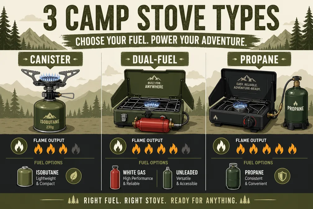 Editorial infographic-style landscape image (): flat-vector illustration showing three camp stove types side by side —camp stove cooking