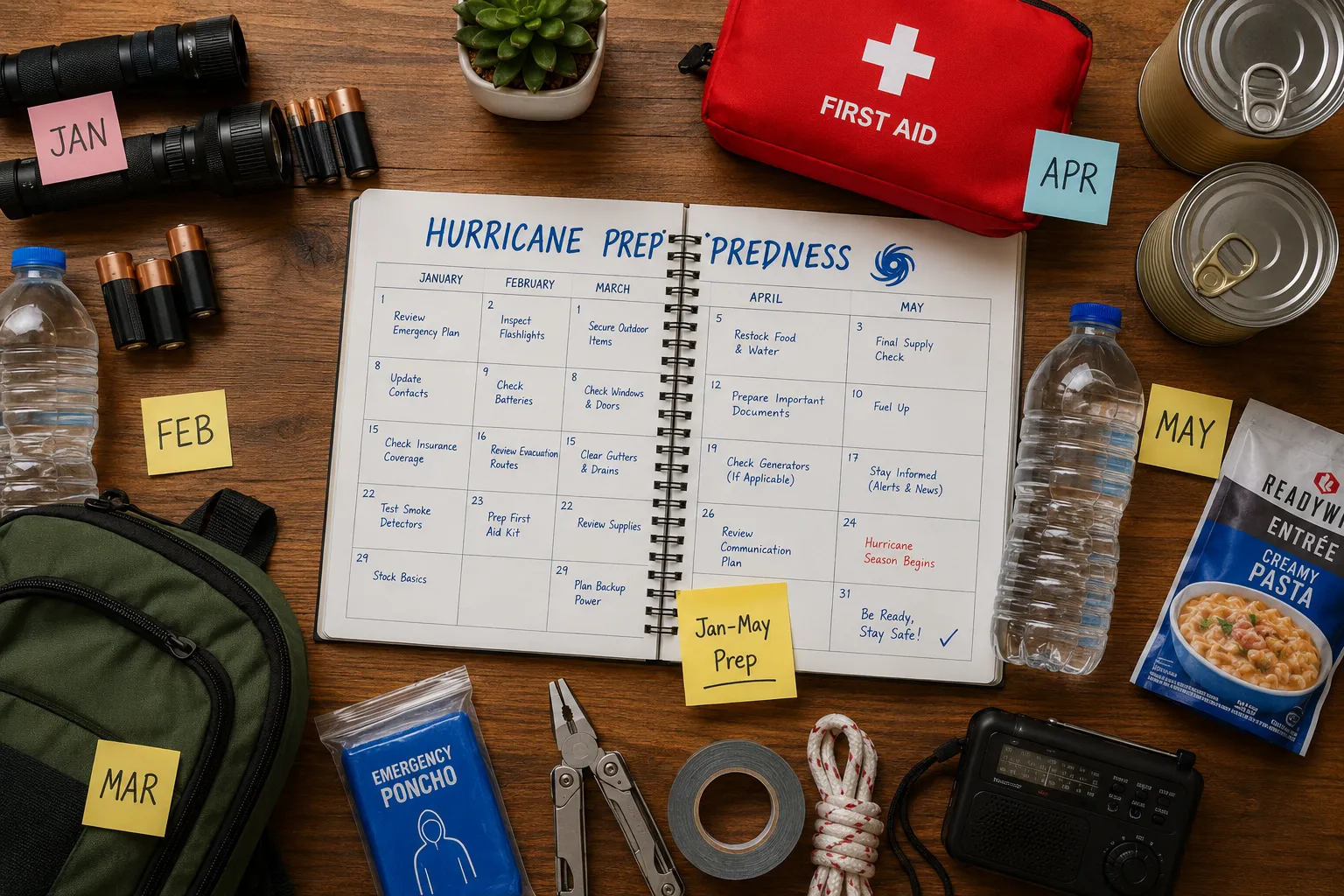 Editorial landscape (): Split-scene overhead flat-lay of a hurricane preparedness calendar spread open on a wooden table,