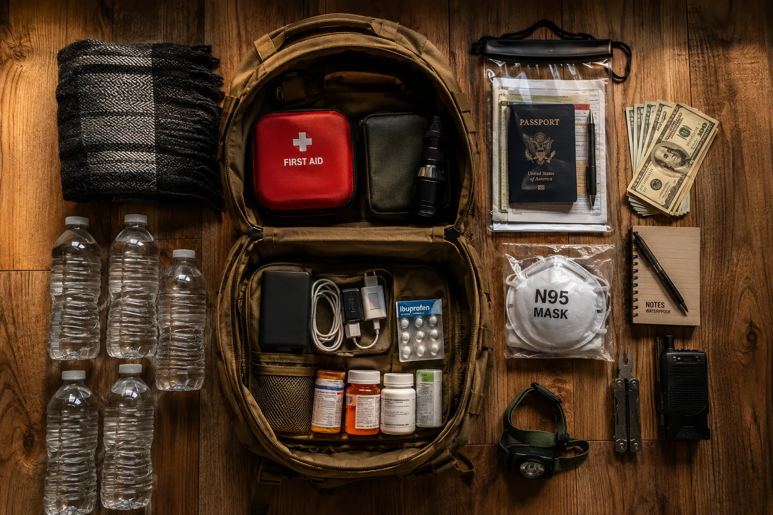 Editorial landscape (): overhead flat-lay photograph of a fully packed emergency go-bag open on a wooden floor, contents