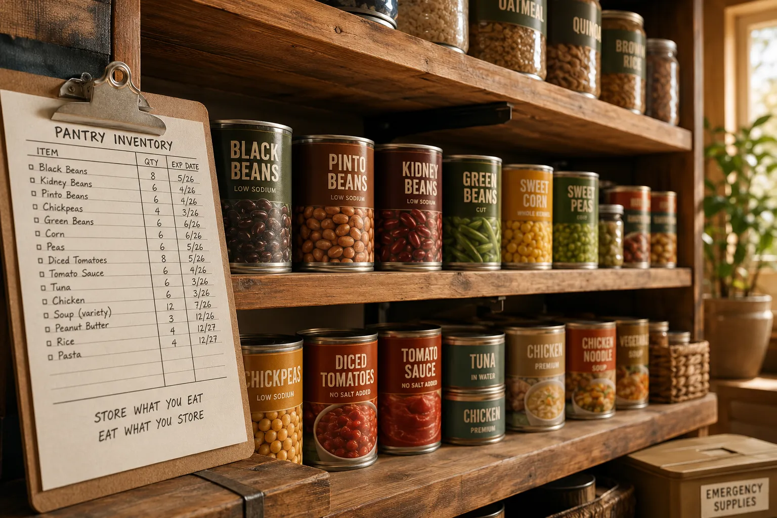Editorial landscape photograph () of a well-organized emergency pantry shelf stocked with rows of labeled canned foods —