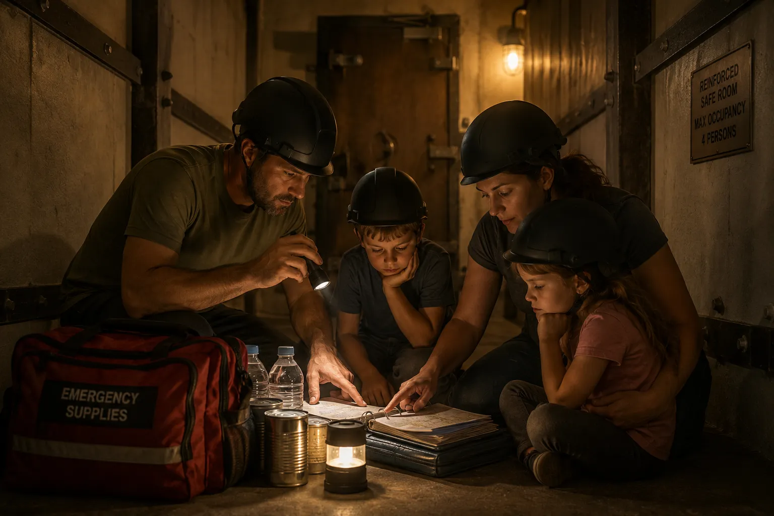 Editorial () showing a family of four — two adults and two children — crouched in a reinforced interior hallway with a