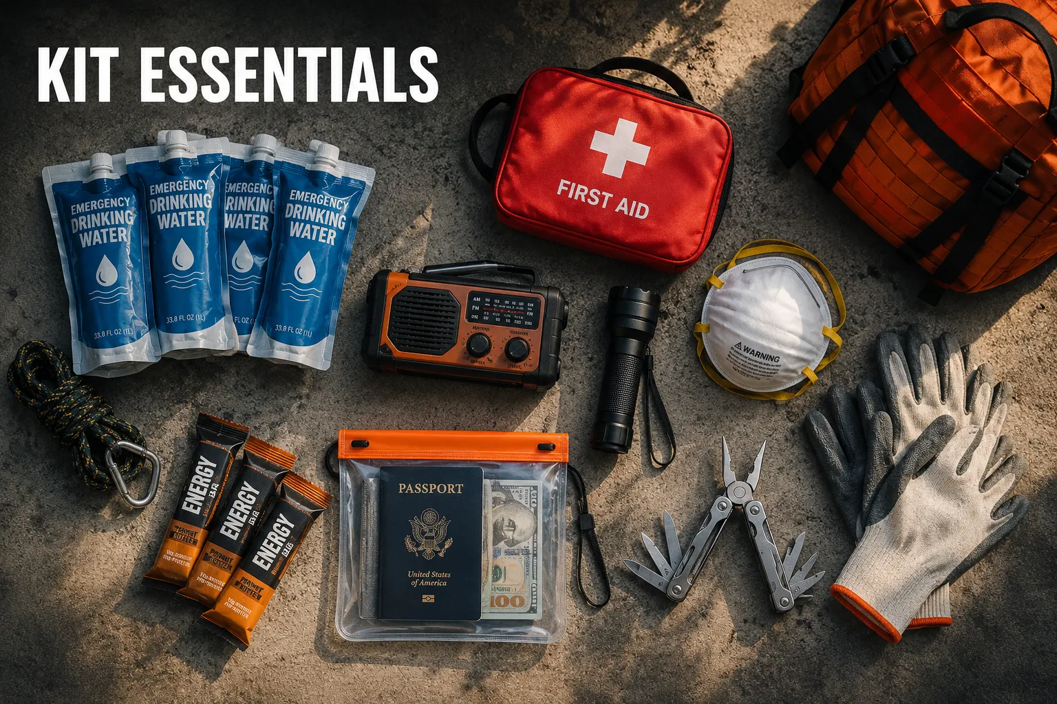Editorial () showing a flat-lay overhead shot of earthquake emergency kit contents arranged on a concrete floor: sealed