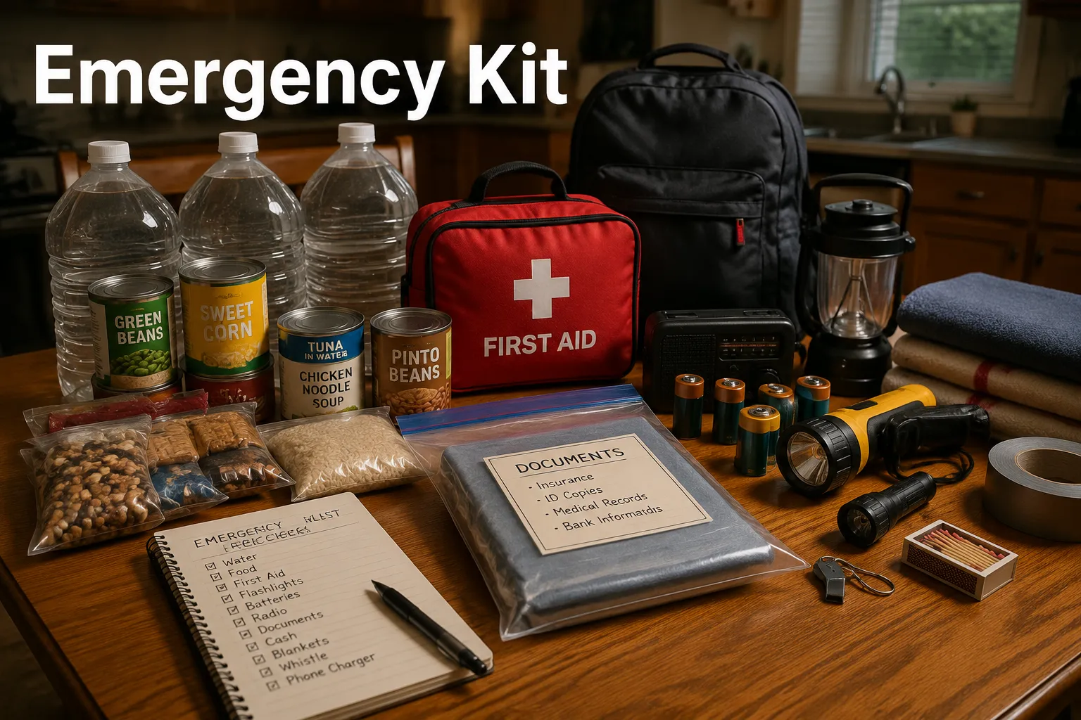 Editorial () showing an organized emergency supply kit spread across a kitchen table — water jugs, canned food, first aid