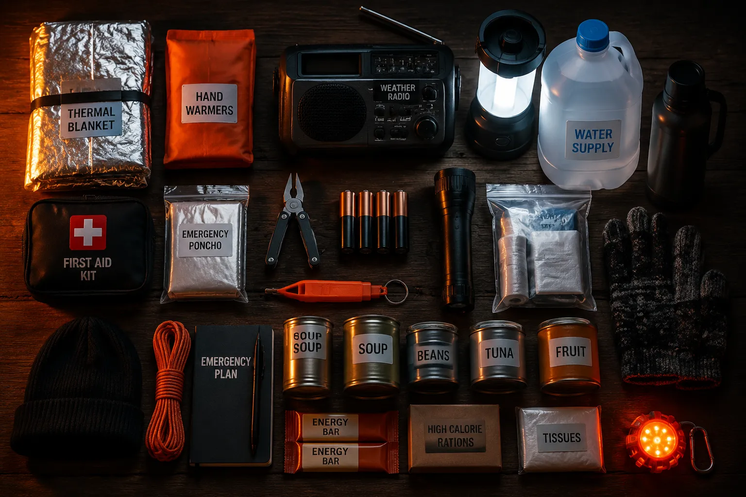 Editorial () showing an organized flat-lay overhead shot of a complete winter blizzard survival kit spread on a dark wooden