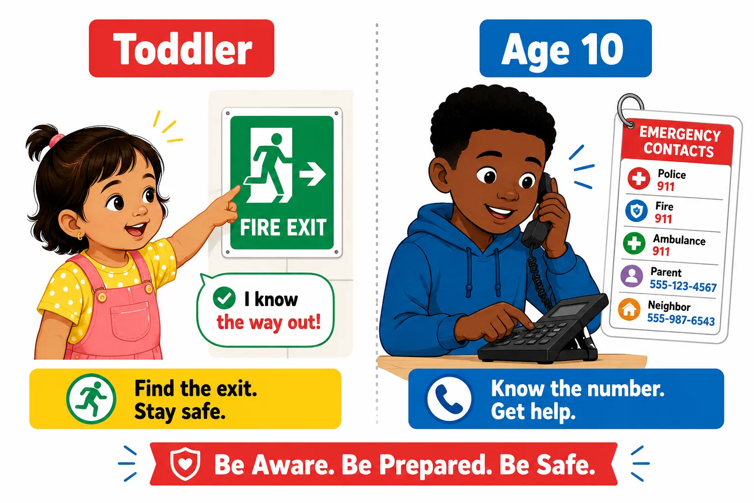 Editorial () split-screen infographic illustration: left half shows a toddler (age 2-3, South Asian girl) pointing at a