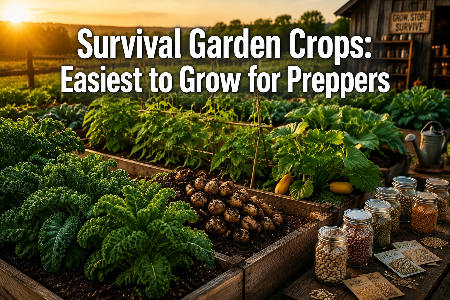 Professional () hero image with :'Survival Garden Crops: Easiest to Grow for Preppers' in extra large white with dark drop
