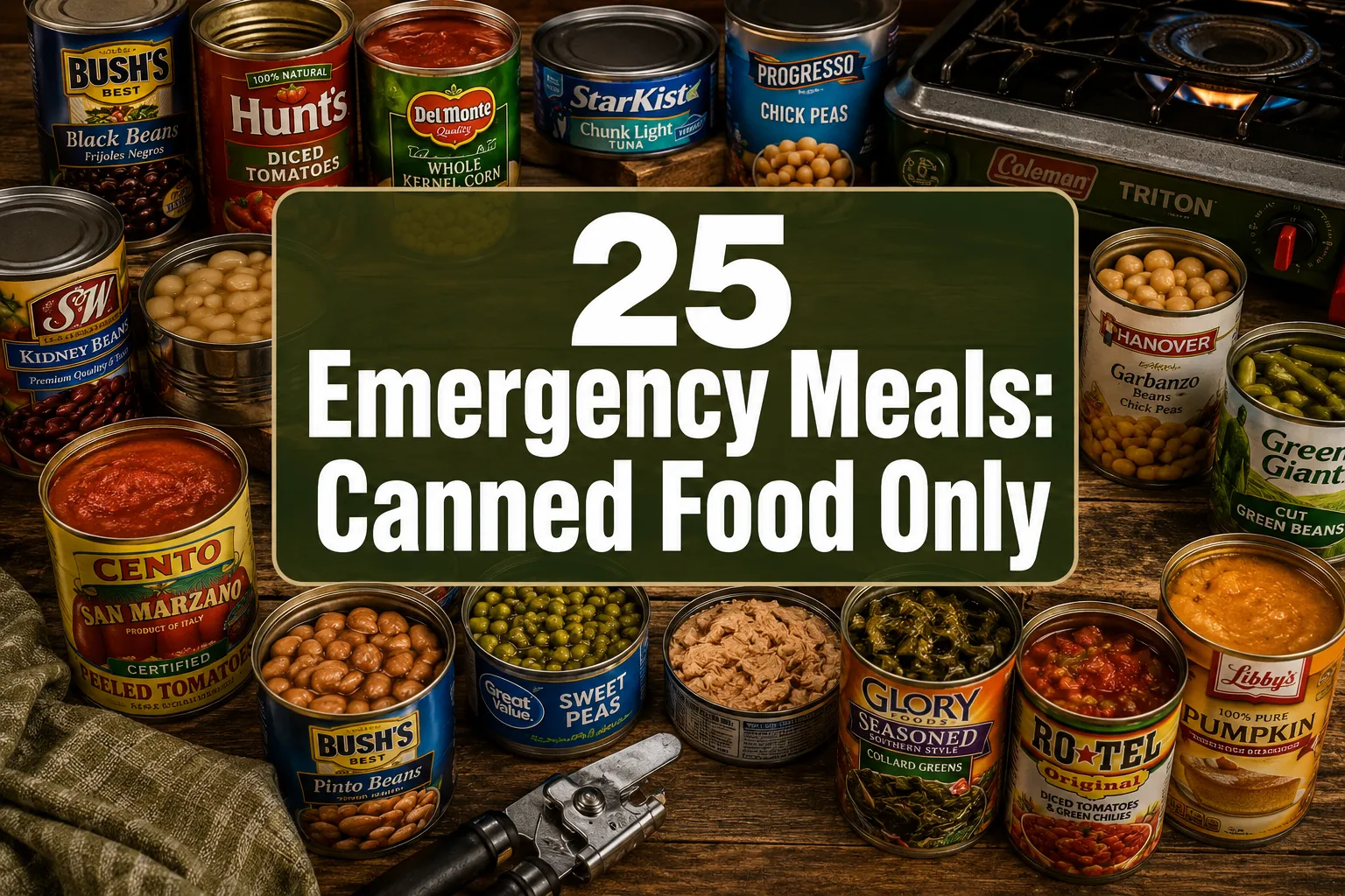 Professional () hero image with centered reading'25 Emergency Meals: Canned Food Only' in crisp white on a deep olive-green