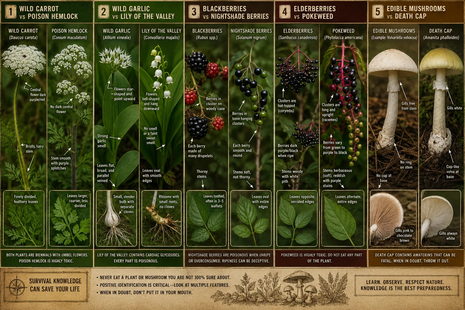 () detailed botanical comparison illustration showing side-by-side identification of Poisonous Plants