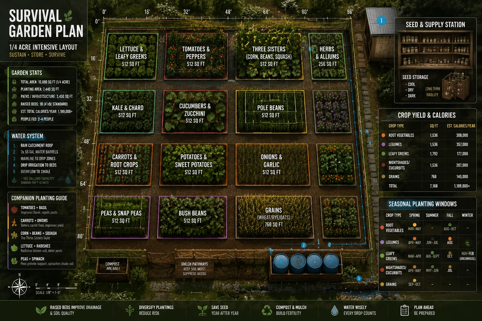 () detailed infographic-style illustration showing a top-down aerial view of a well-planned survival garden layout with