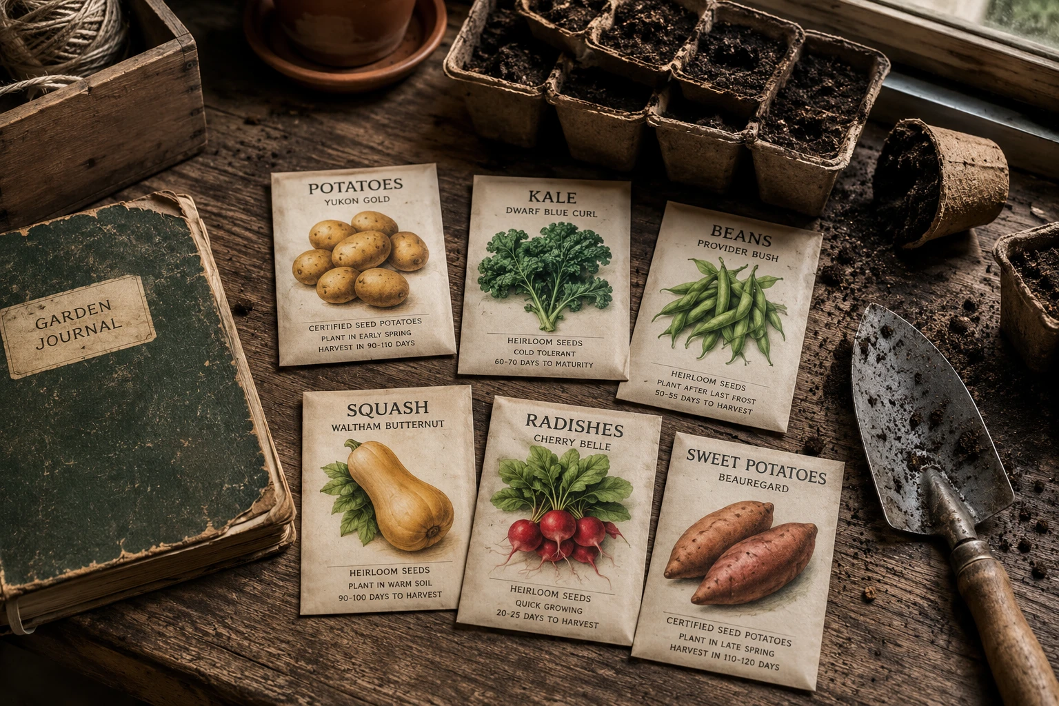 () editorial illustration showing a flat-lay overhead view of a wooden table covered with labeled seed packets for survival