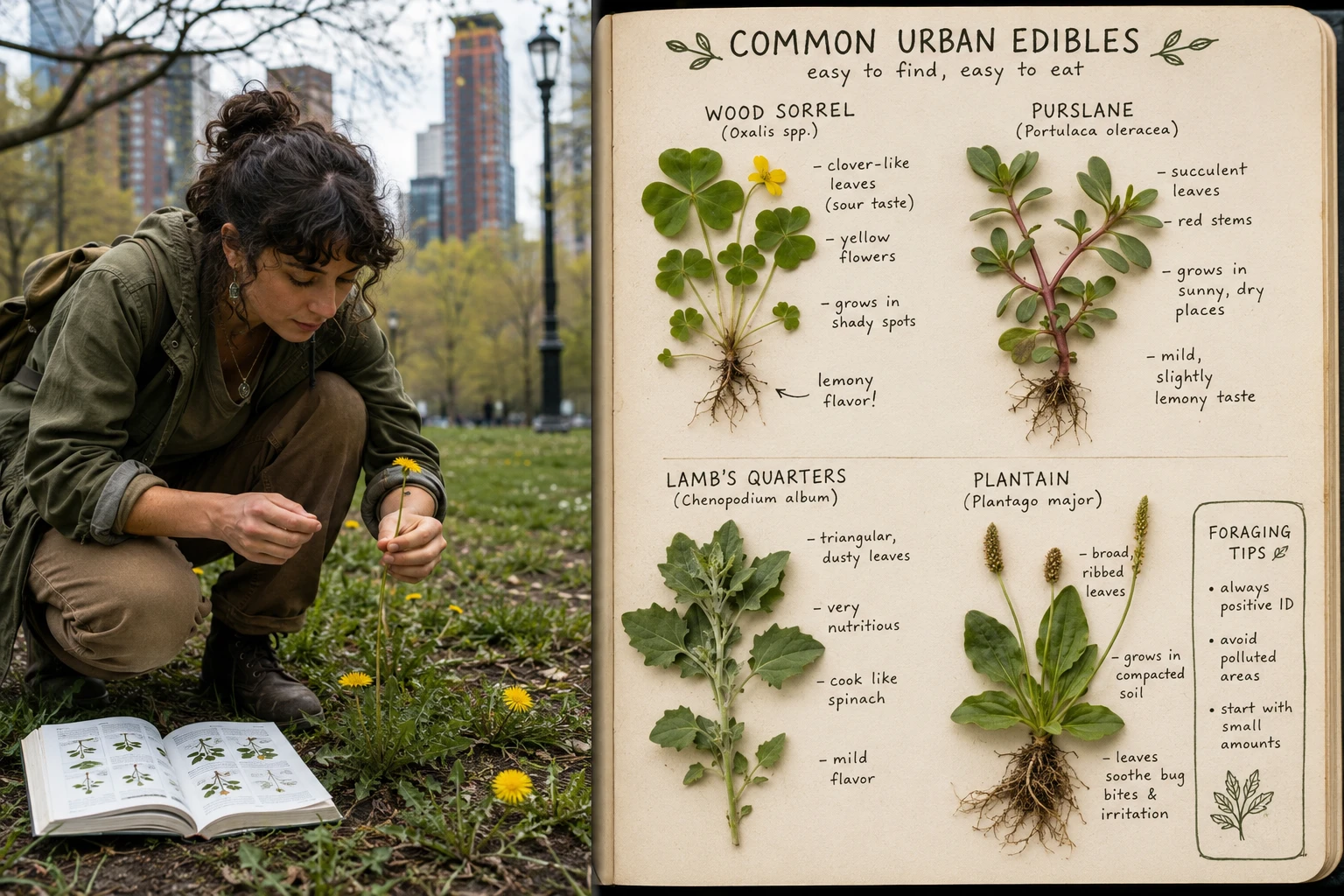 () editorial illustration showing a split-scene: left side depicts a person crouching in a city park examining a dandelion