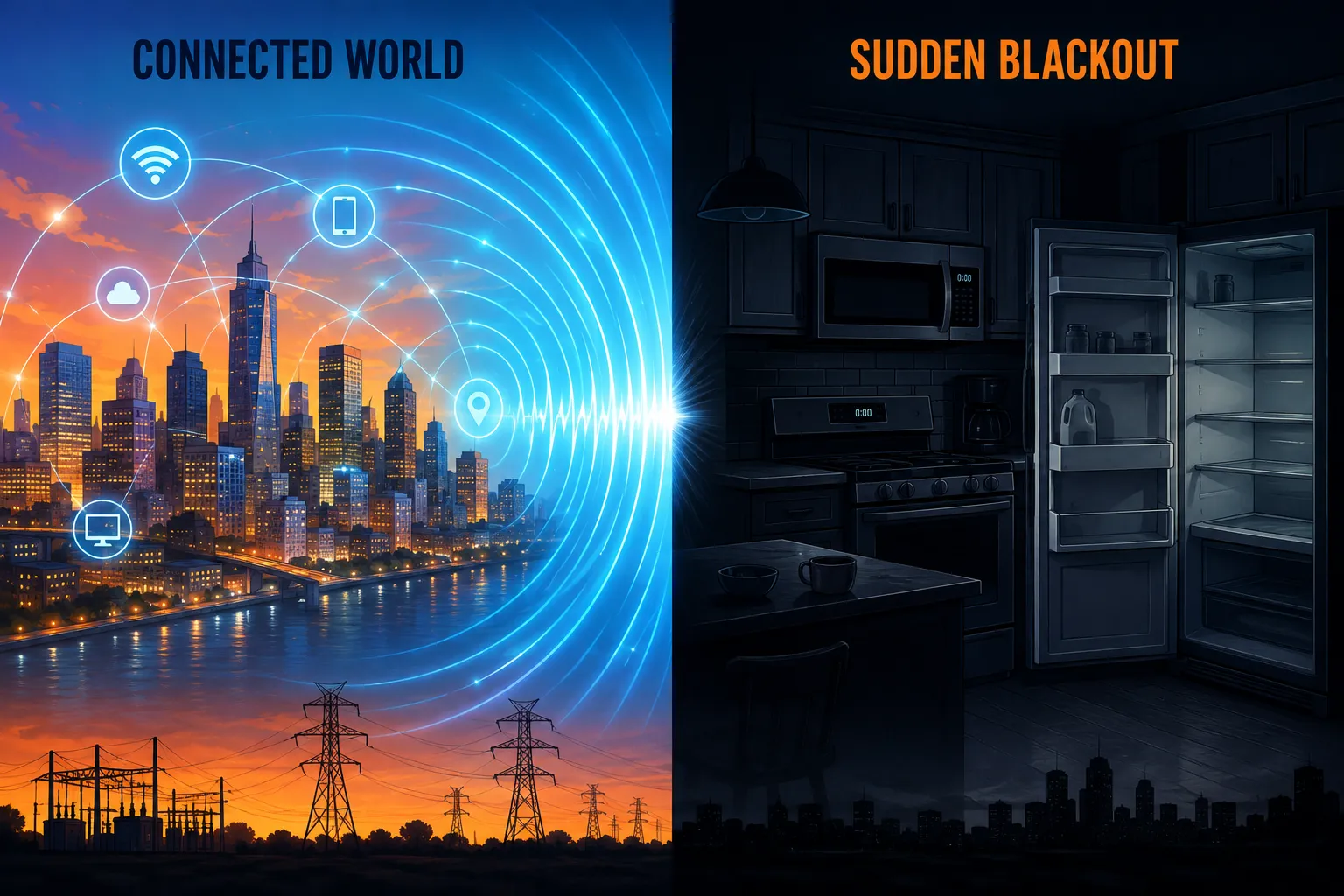 Bright editorial infographic-style landscape (): split-screen illustration showing left side a modern city skyline with a