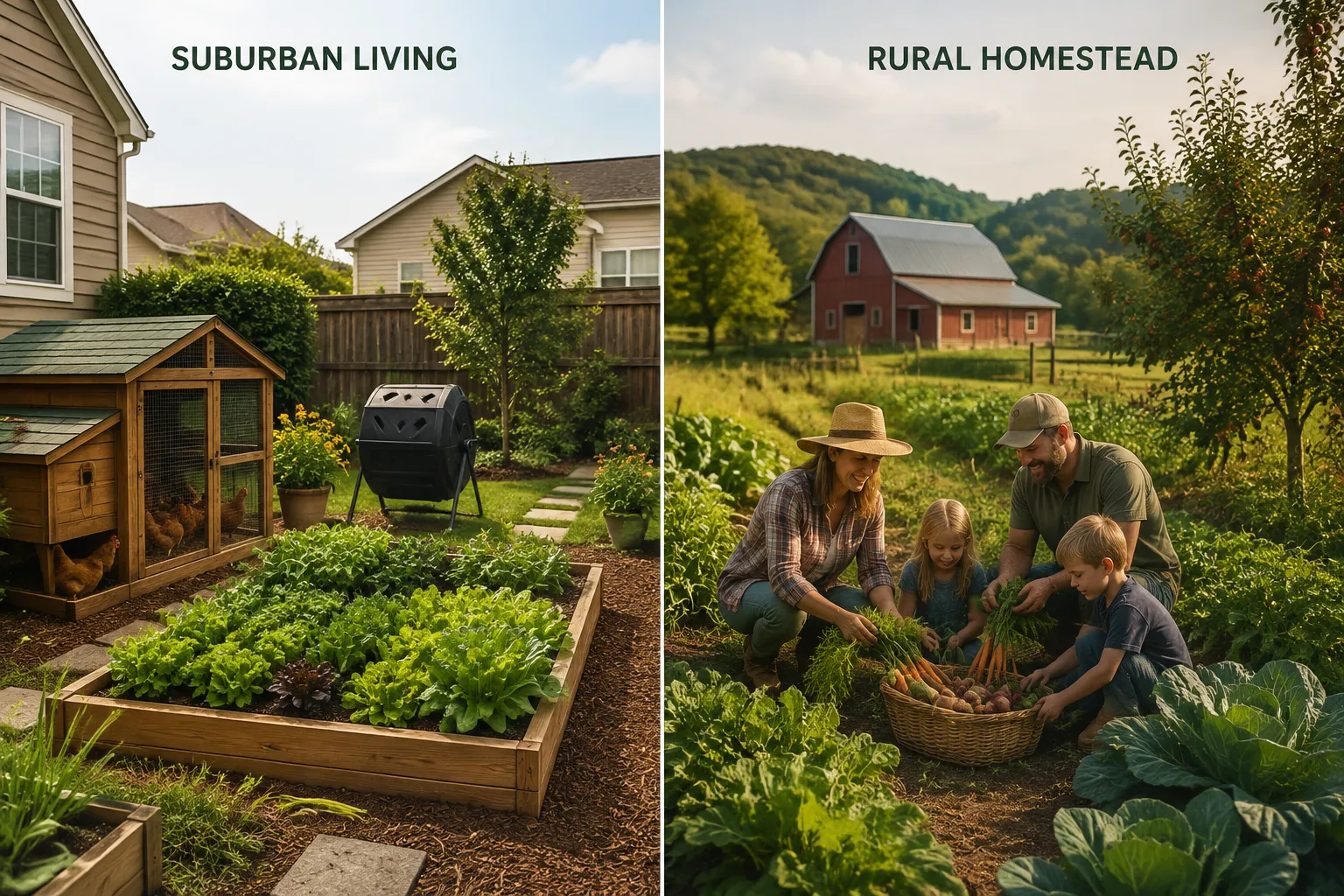 Editorial () daylight photograph showing a split-scene: left half features a suburban backyard with raised garden beds, Family Homesteading