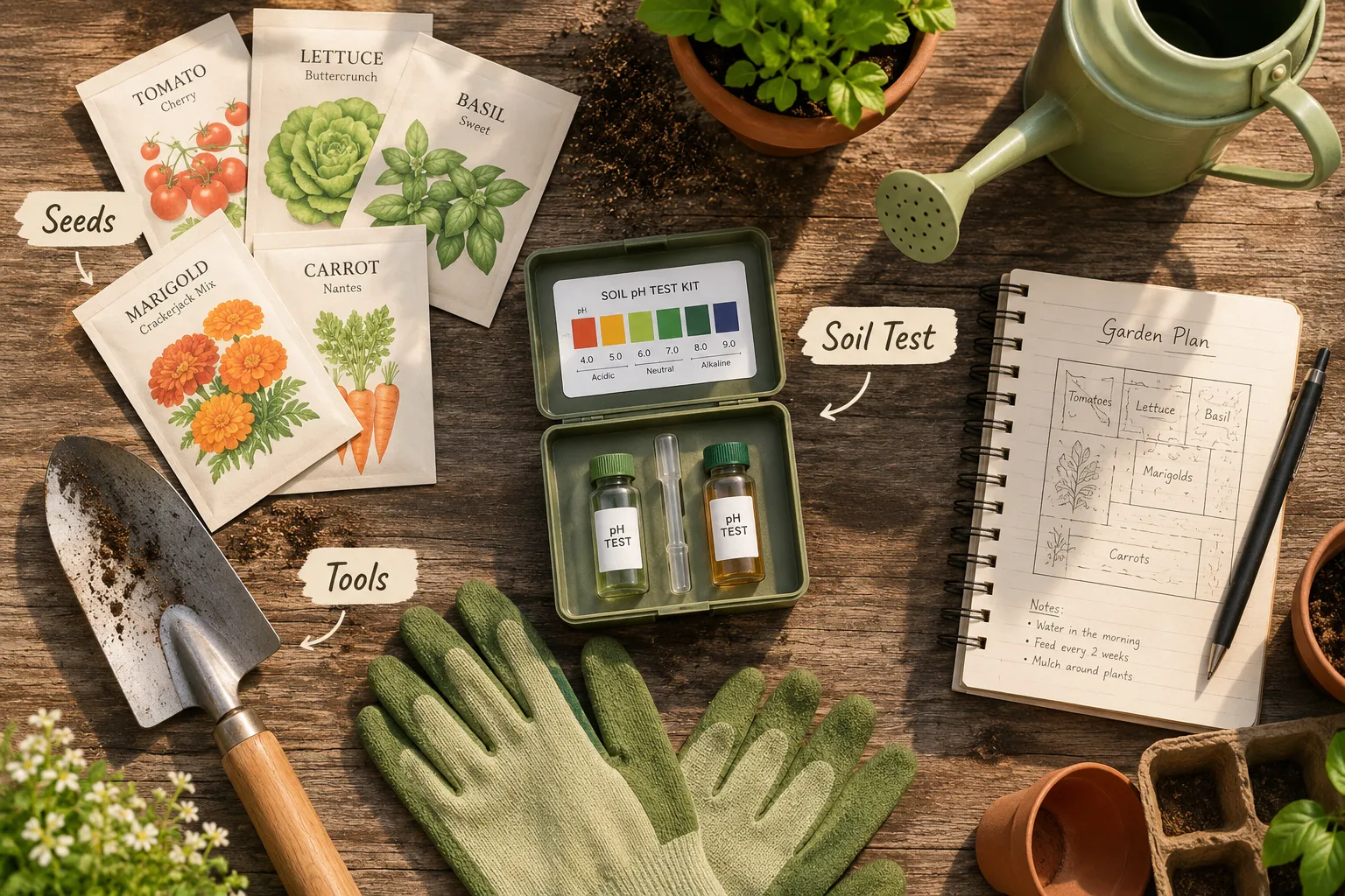 Editorial () flat-lay infographic illustration in bright daylight palette: overhead view of a beginner gardener's starter