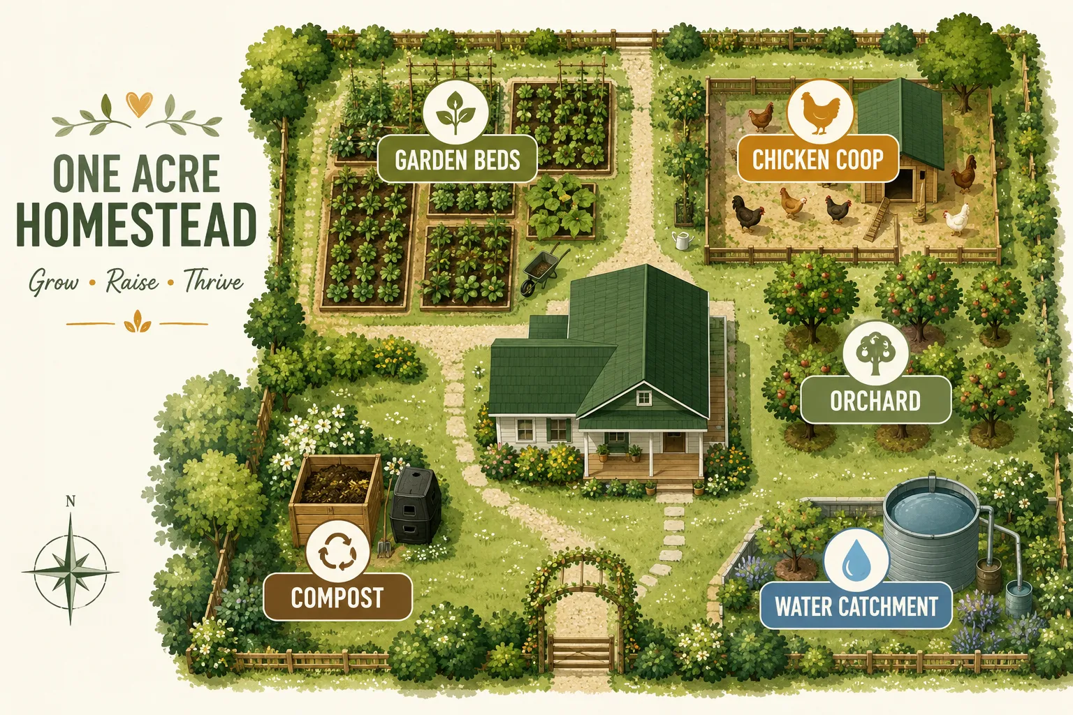 Editorial () flat-vector infographic illustration of a one-acre homestead layout viewed from above — color-coded zones
