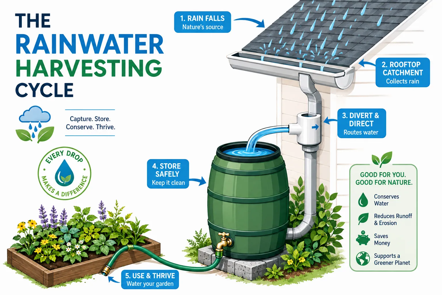 Editorial () flat-vector infographic illustration showing the rainwater harvesting cycle: rooftop catchment area with rain