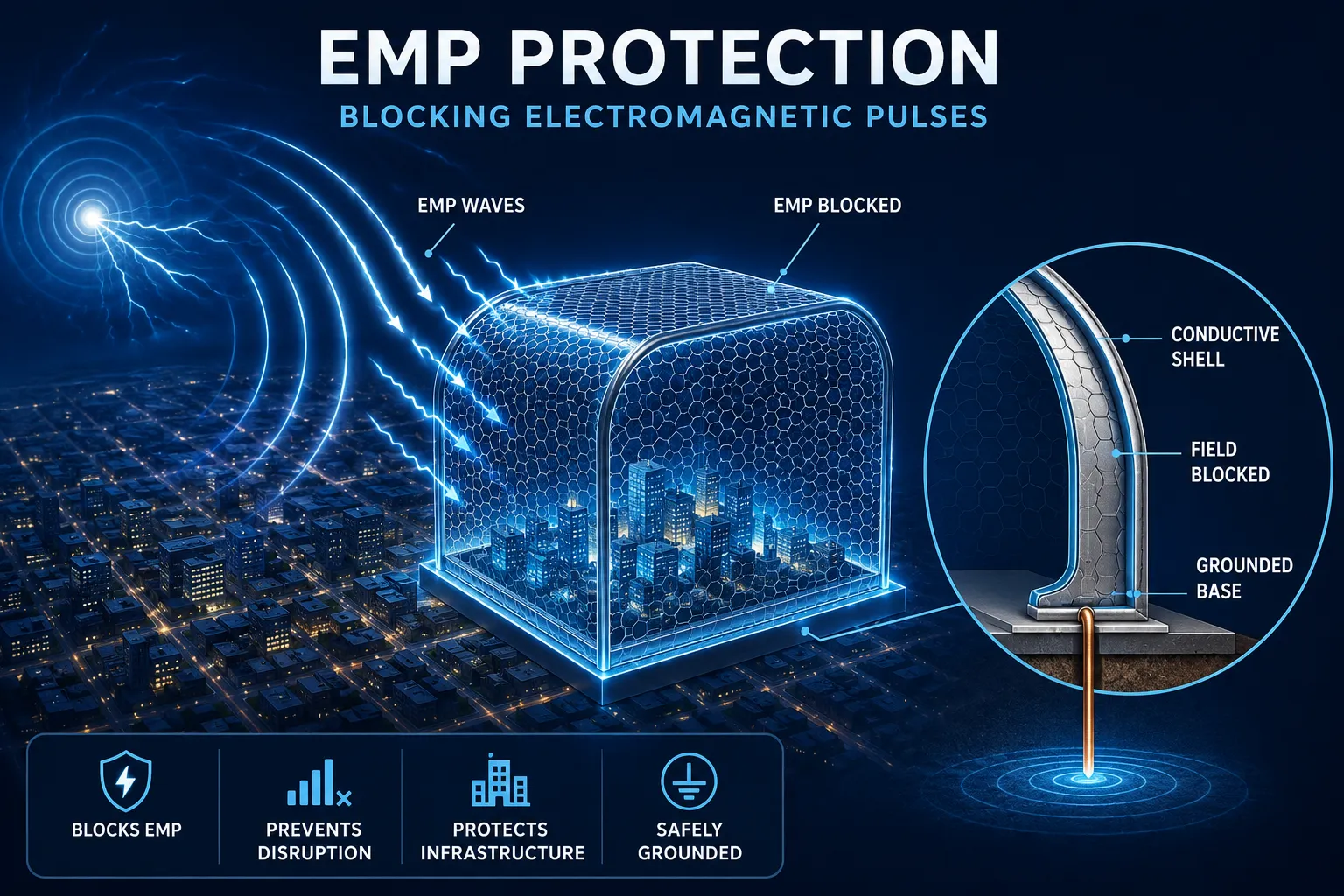 Editorial () infographic-style illustration showing electromagnetic pulse waves radiating from a city grid being blocked by