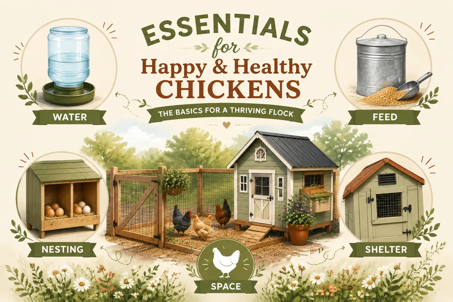Editorial () infographic-style illustration showing the essential needs of backyard chickens — clean water dispenser, feed. How to raise backyard chickens for preppers