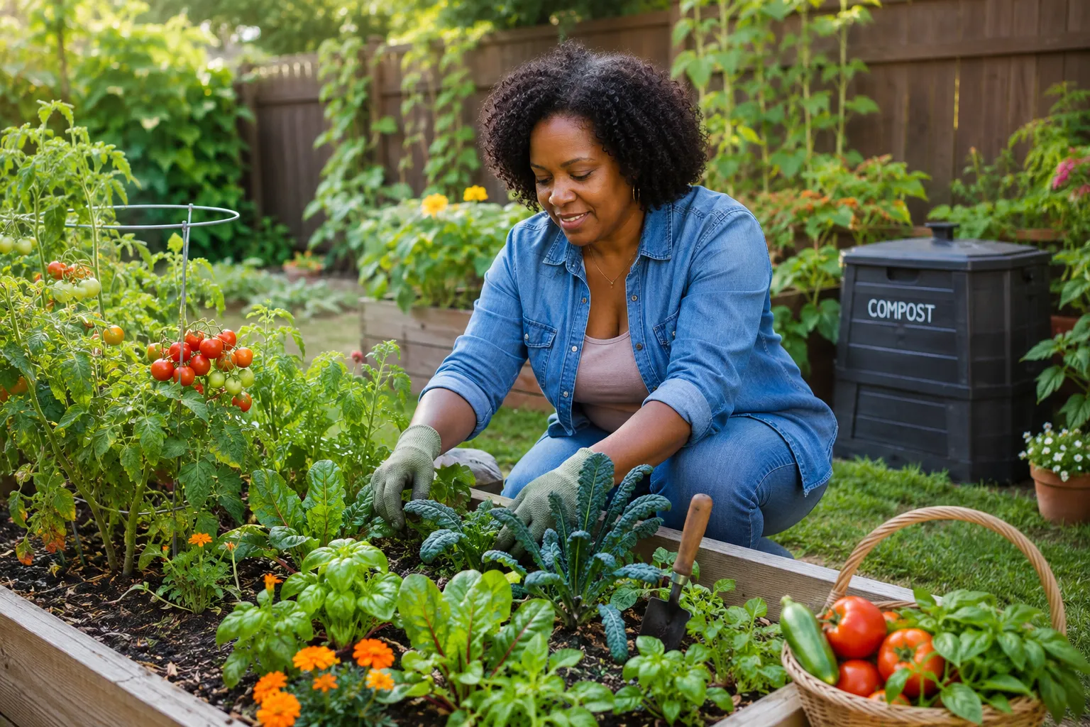 Editorial () natural daylight photograph of a suburban homesteader — a middle-aged Black woman in gardening gloves —