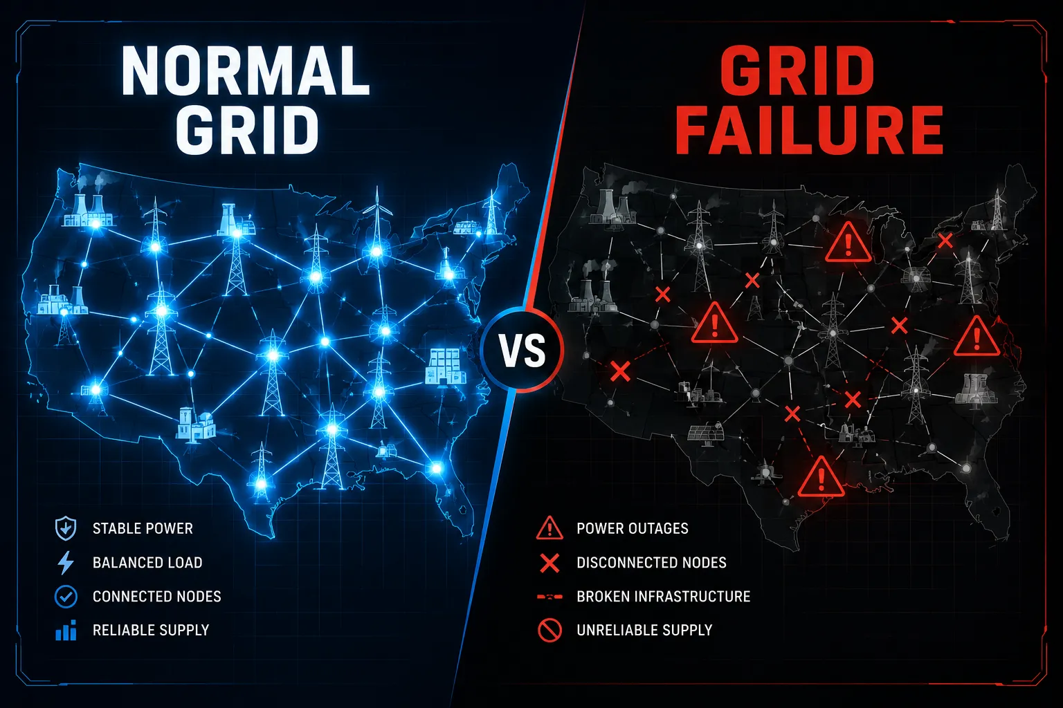 Editorial () split-screen infographic illustration: left half shows a glowing modern power grid map with interconnected. grid-down scenario