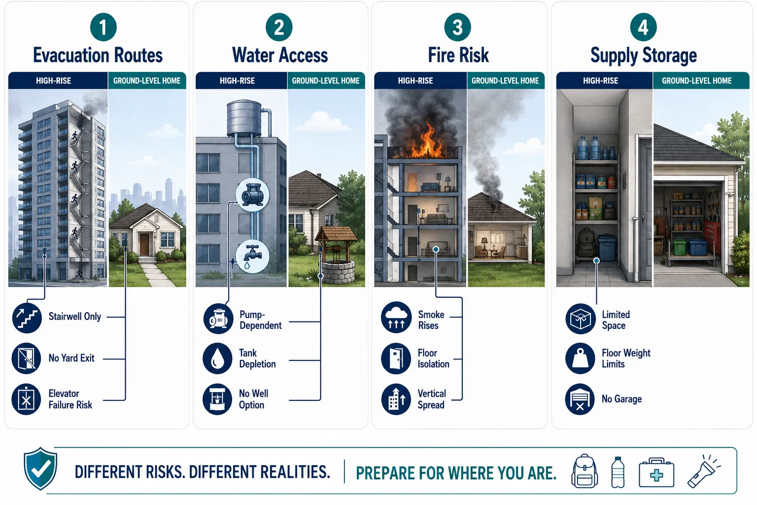 How High Rise Buildings Differ From Ground-Level Homes in Emergencies. Urban Survival For Families In High-Rise Buildings